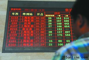 昨日14時(shí)57分,北京南站,京滬高鐵部分列車還有余票(綠字顯示)在售。本報(bào)記者 尹亞飛 攝